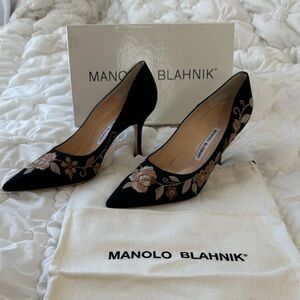 Manolo Blahnik Black Heels with Floral Accents